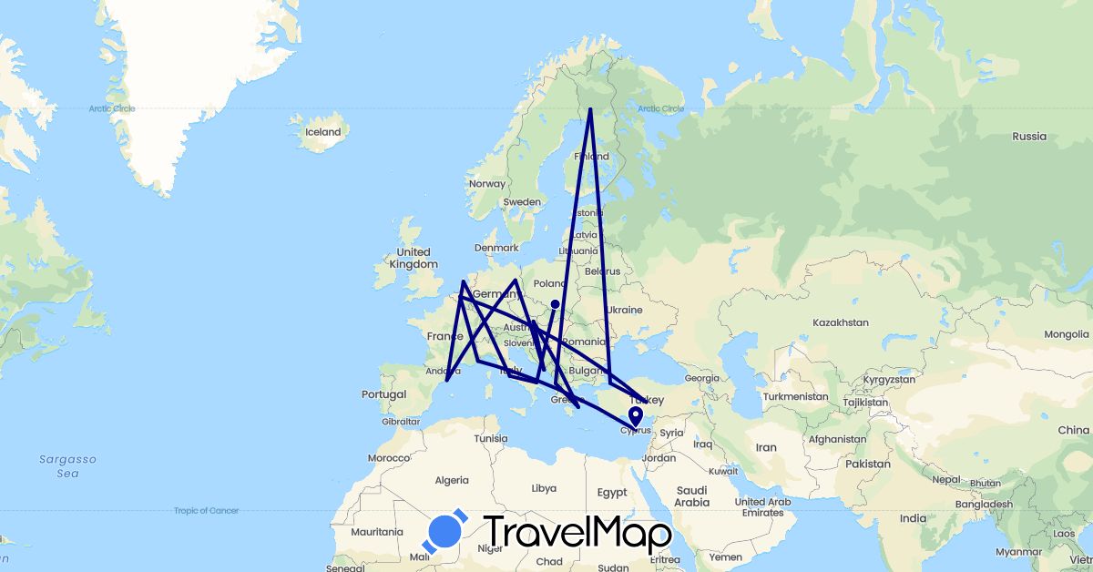 TravelMap itinerary: driving in Albania, Austria, Belgium, Cyprus, Germany, Spain, Finland, France, Greece, Croatia, Italy, Netherlands, Poland, Turkey (Asia, Europe)